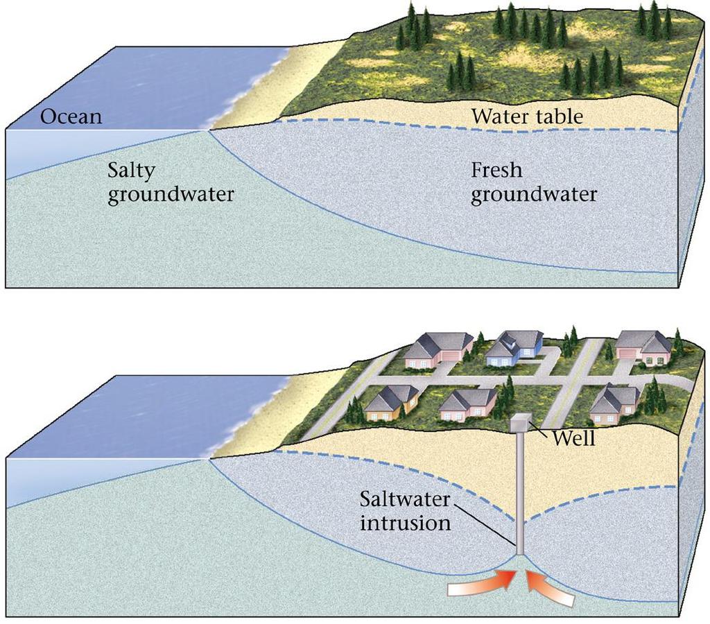 Salt Water Intrusion Saltwater is more dense than freshwater so it stays below the fresh water