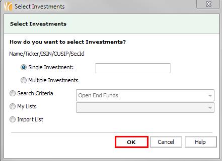 2. The Select Investments window appears.