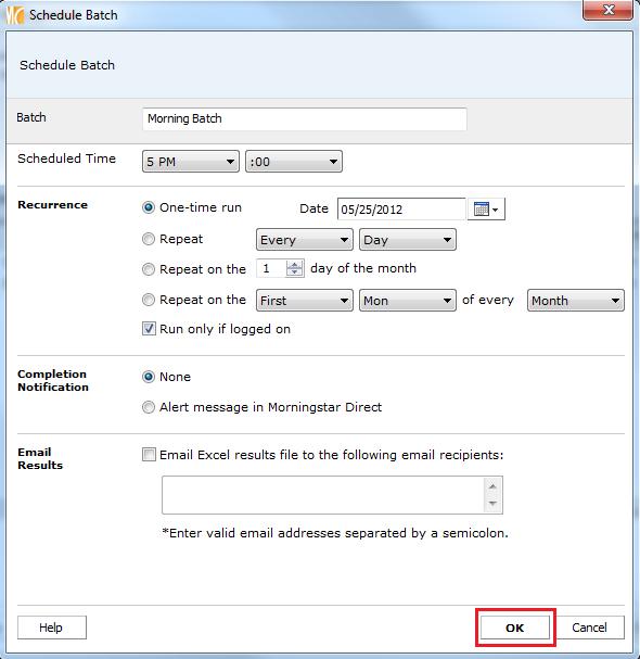 Fill out the settings in the Schedule Batch dialog