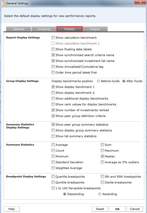 4. Go to the Display tab to set your default Display Settings, Summary