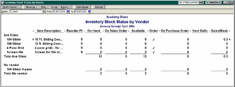 Inventory Inventory Reports Step 2. Set the From date to 01/01/2004 and the To date to 04/30/2004. Press TAB (see Figure 3-34). Figure 3-34 Inventory Stock Status by Vendor report Step 3.