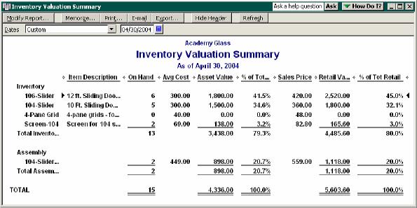 Inventory Valuation Summary Report The Valuation Summary report gives you information about the value of your inventory Items on a certain date.