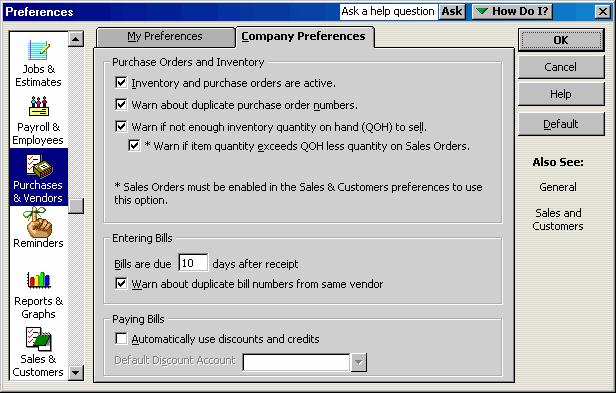 Inventory Setting up Inventory Items Step 3. Step 4. Click the Company Preferences tab. Make sure that the box next to Inventory and purchase orders are active is checked (see Figure 3-3). Click OK.