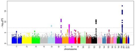 Figure 3: Manhattan plot for genome-wide association study. Retrieved from https://upload.wikimedia.org/wikipedia/commons/1/12/manhattan_plot.