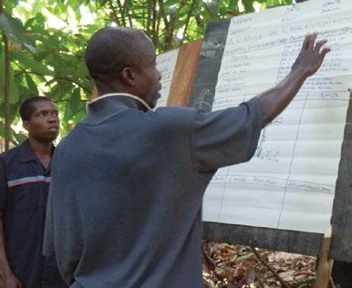 Information is shared with cocoa farmers about farming and social issues, such as child labor, to support them in applying good agricultural practices that improve their incomes and