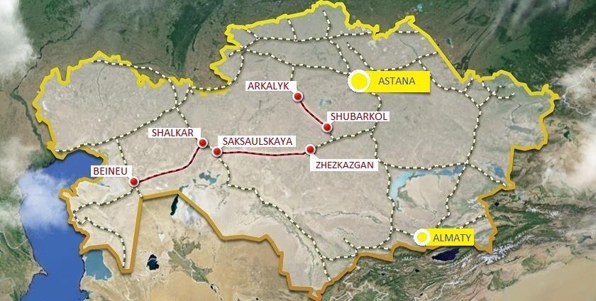 LOGISTIC CAPACITY OF REGION RAILWAY ROAD BEINEU-ZHEZKAZGAN Railways «Beineu-Zhezkazgan, Arkalyk-Shubarkol» location and configuration of new railroads can significantly reduce the distance