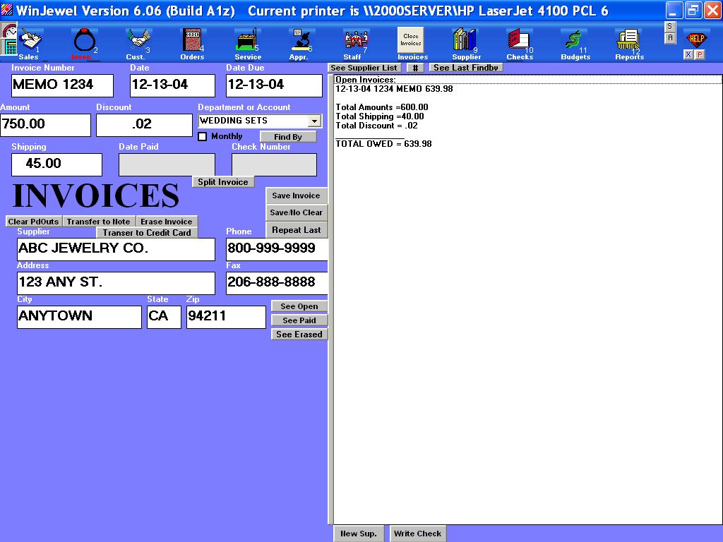 10 INVOICES 10.1 CREATING INVOICES WinJewel is designed to require an invoice record for checks issued by the system.