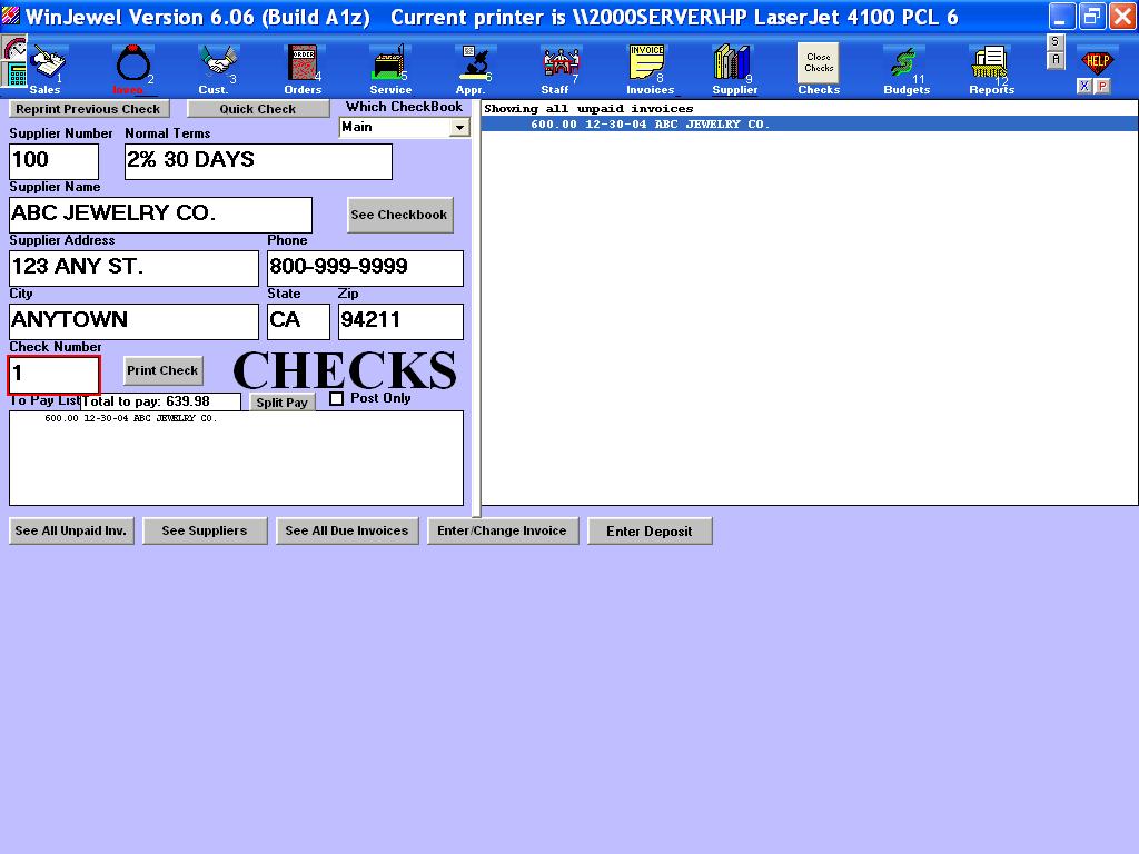 12 CHECKBOOK 12.1 ISSUING A CHECK In order to issue a check, click on the CHECKS icon. This will open the check writing form. Along the right side of the screen will be a list of suppliers.