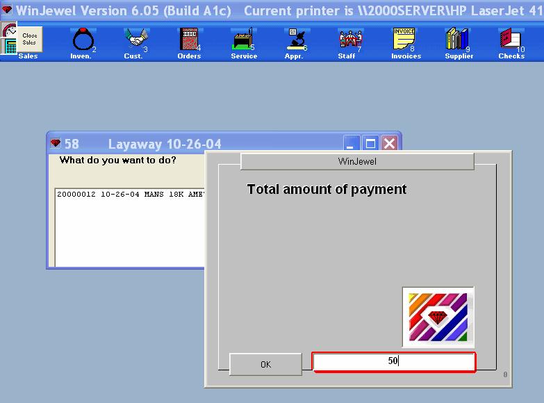 6) Select Payment (Payment type option button). a) Click on Layaway payment. b) A Layaway popup window opens.