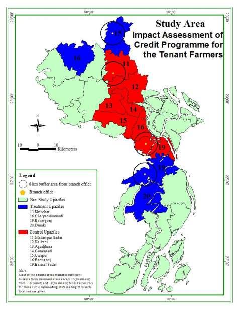Impact assessment of credit programme for the tenant farmers: baseline report 2012 Figure 4. GIS mapping for southern region under study areas 4.