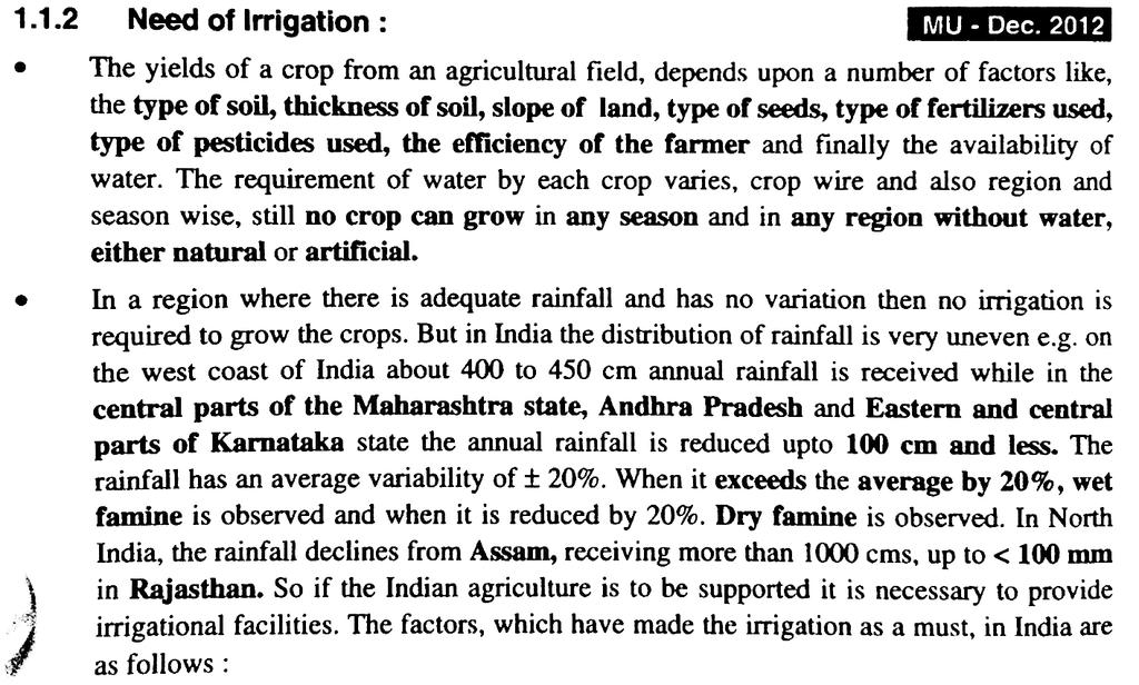 Q1) (a) Define irrigation and irrigation engineering and explain the necessity of irrigation in India.