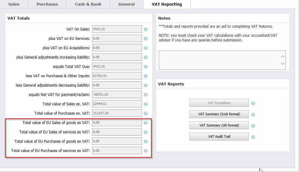 New boxes added to VAT reporting tab (and VAT reports) for EU Trade reporting.