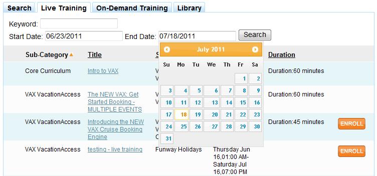 tab of the VAX Virtual University page now have calendars to help agents enter correctly formatted dates.