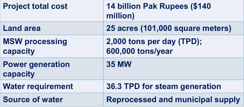 WASTE TO PWER PROJECTS IN PIPELINE 35 MW Power Plant at Lahore The Government of Punjab has initiated the development of a Waste-to- Energy power plant of 35 Mw capacity, fueled by municipal solid