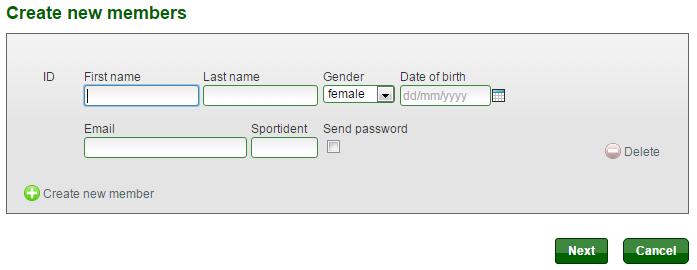 Mandatory fields Firstname, Last name, gender & date of birth. Optional fields email, sportident & send password.