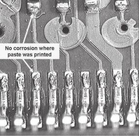 Figure 10. Examples of corroded PWAs. Note that solder and flux prevent creep corrosion at the soldermask to copper pad interface (both QFP fingers and resistors).