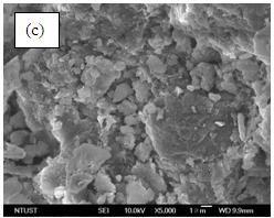 SEM micrographs of (a) bentonite, (b) bentonite -biochar composite (1:1), (c) bentonite-biochar composite (1:2), (d) bentonite-biochar