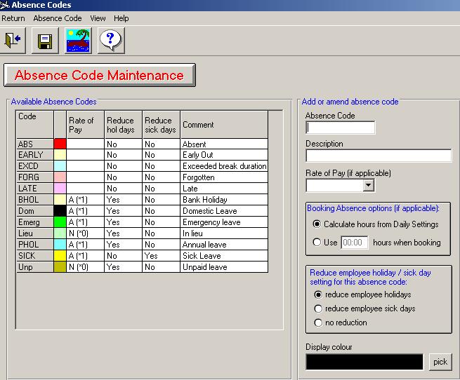 Absence Codes This is where all booked absence codes are set. The first five shown are the system codes and only the colour can be changed here.