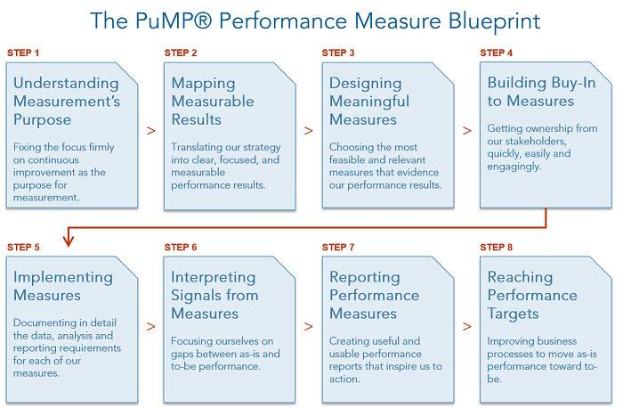 There are 8 steps in a deliberate performance measurement process.