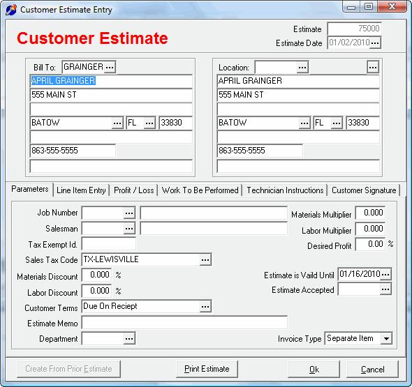 Customer Estimate Data Estimate Number: A unique customer estimate number for each estimate. This number is automatically assigned from the company parameters file.