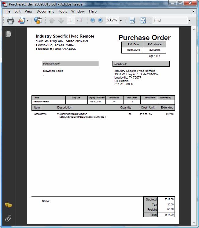 11. You can view the pdf attachment of the purchase order for correctness by double-clicking on
