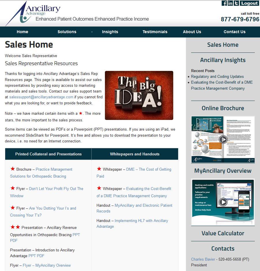 Sales Website Click button to Login/Logout Once logged in, Sales Home link appears in right menu bar We have consolidated all sales and marketing materials on our corporate website at www.