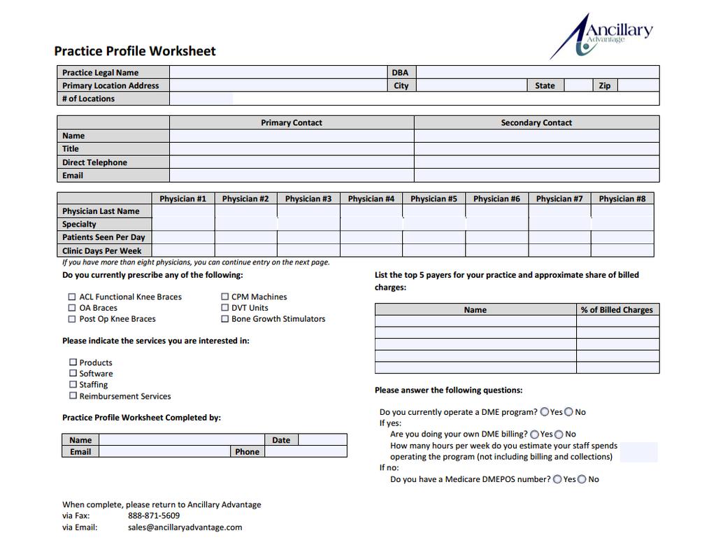 Sales Tools Practice Profile Worksheet Worksheet is completed as part of the lead qualification process Fill out as much information as possible and we will