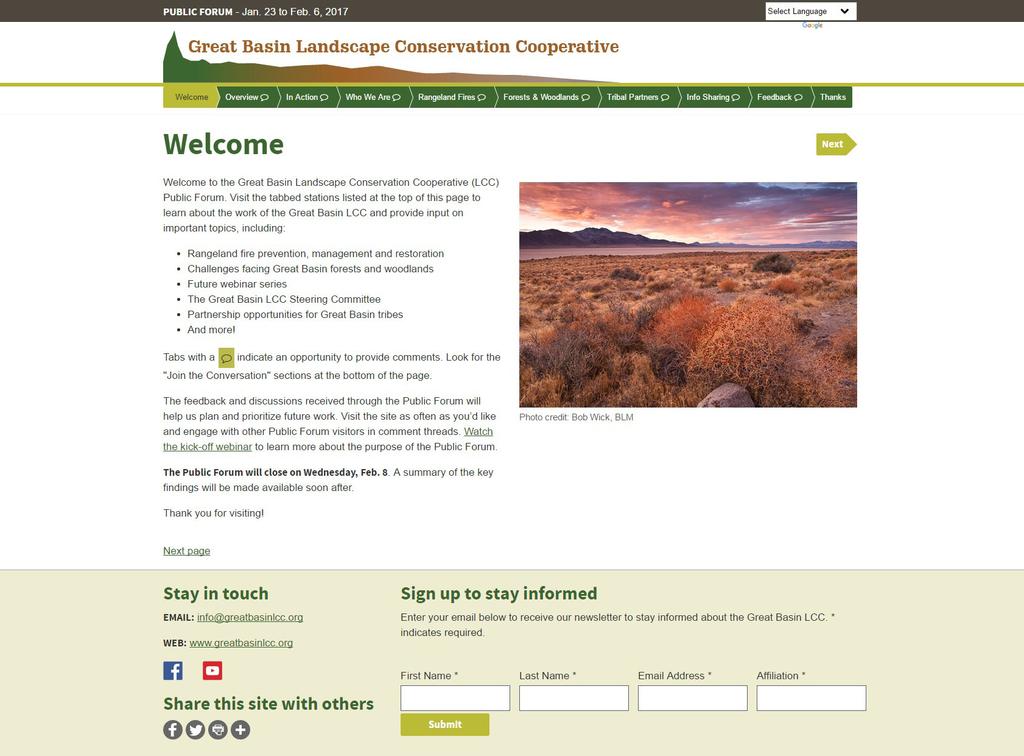 Online Public Forum Overview The Great Basin Landscape Conservation Cooperative (LCC) hosted an online Public Forum between Jan. 3 and Feb. 8, 017.