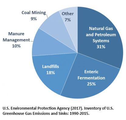 Figure 8 U.S. Methane Emissions, by source U.S. Environmental Protection Agency. (2016). Overview of Greenhouse Gases. Retrieved from https://www.epa.gov/ghgemissions/overview-greenhouse-gases 8. U.S. Methane Emissions This pie chart shows the U.