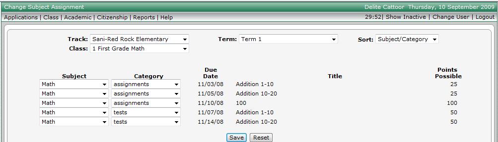 Academic Change Subject Assignment Change Subject Assignment screen is primarily designed for elementary school teachers with only one Class in the grade book setup.