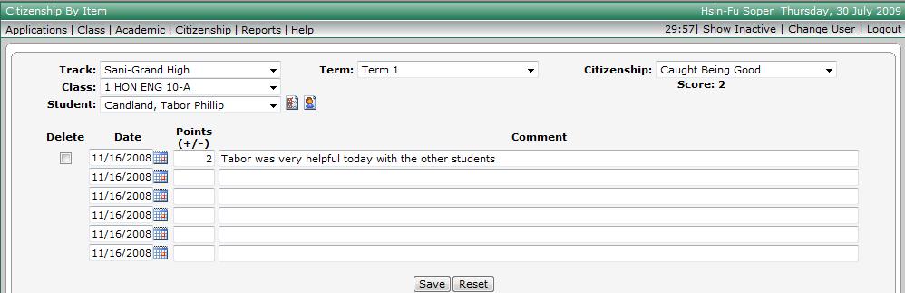 Citizenship Citizenship by Item Citizenship by Item is the quick way to view the number of times a particular Citizenship Item has been used assigned to an individual student.