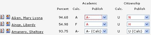 Academic Score Entry Grades Tab -- Overridden Marks On the Grades tab, users may override any calculated mark by choosing a mark from the