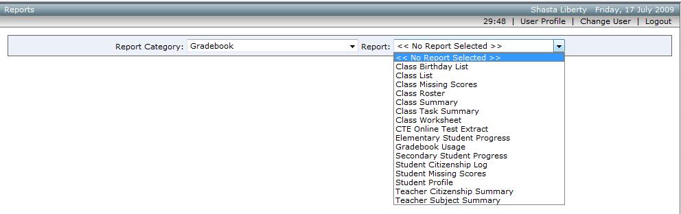 The interface for reports opens in a new browser window. You will have two browser windows open when generating reports. The grade book window and the reports window.