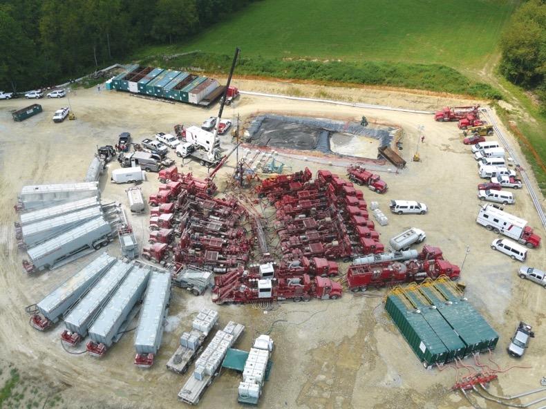 Aerial Shot of Hydraulic Fracturing Well The complex array of equipment including water