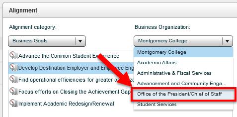 To align your goal to a goal for your College division, do the following: a) Leave the Alignment Category dropdown set at the default, Business Goals b) From the Business Organization dropdown