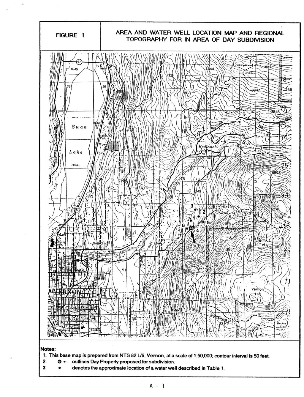 FIGURE 1 AREA AND WATER WELL LOCATION MAP AND REGIONAL TOPOGRAPHY FOR IN AREA OF DAY SUBDIVISION Notes: 1. This base map is prepared from NTS 82 U6. Vernon.