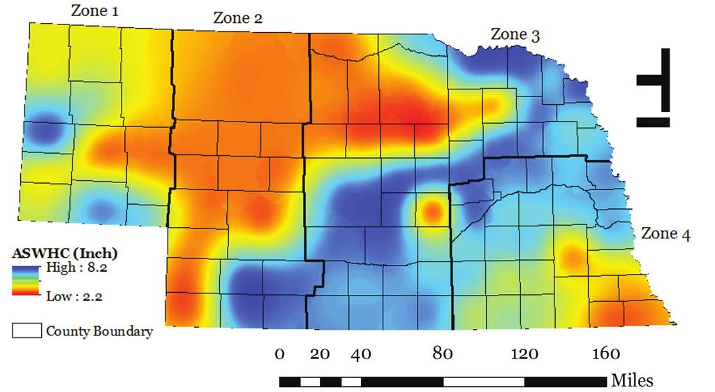N Figure 2. Spatial variability of available soil water holding capacity (ASWHC) in the top 4 feet of soil according to the major or dominant soil type in each county across Nebraska.