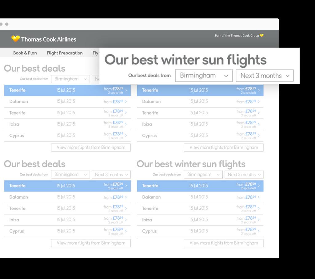 Targeted seat inventory based on geography Thomas Cook Airlines trading teams wanted to increase the scope of the routes they could promote by moving away from a one-size-fits-all approach to