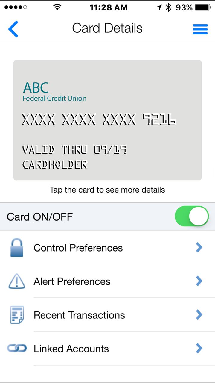 This is the Main Screen in which you can turn your card ON and OFF. Control Preferences: Set when, where, and how your card is used.