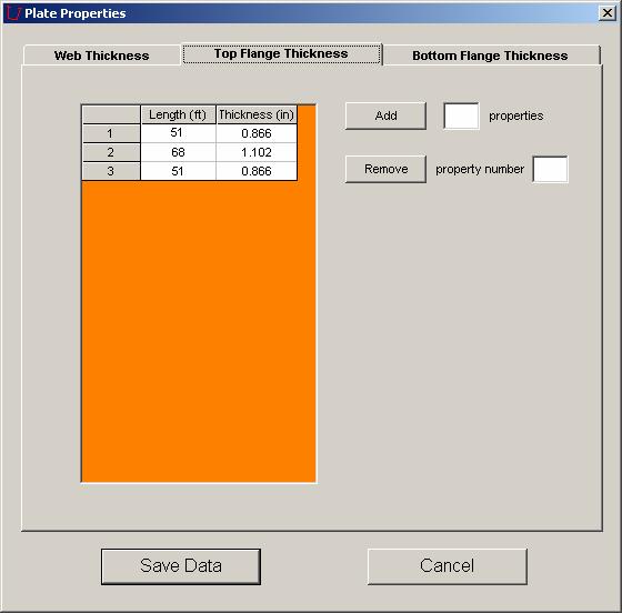 Plate Properties Menu: This menu choice opens the Plate Properties form, which has three separate tabs for entering the web, bottom flange, and top flange properties.