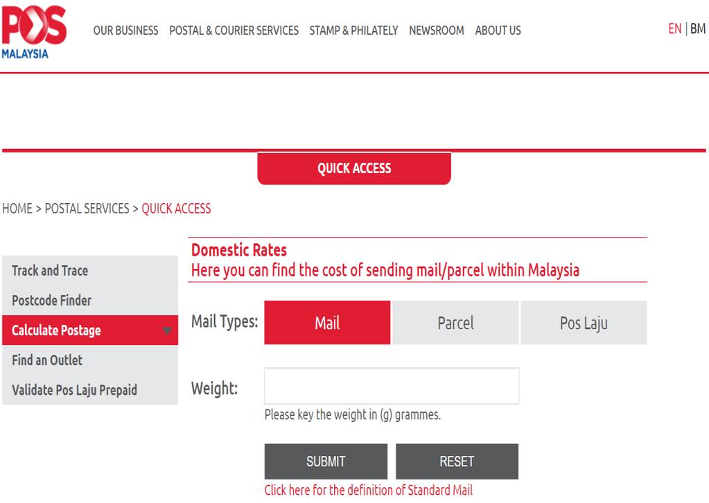 Calculate Postage di laman web Pos Malaysia akan terpapar di tab baru. 3.