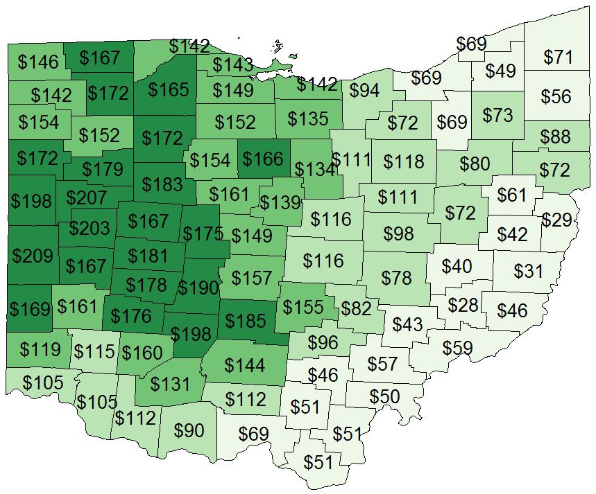 Cash rents in Ohio vary based on soil productivity Cash rent per acre for non