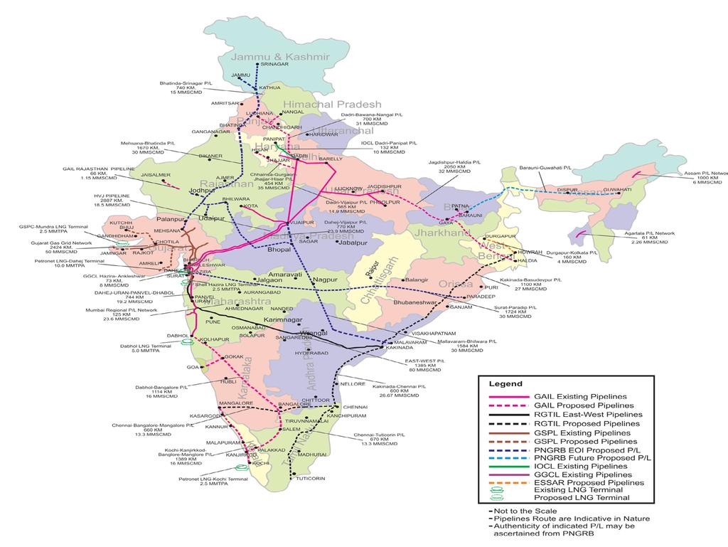 INDIA S GAS INFRASTRUCTURE Existing P/L Network : 11900 KMS (283 mmscmd) Proposed additional P/L Network : 14000 KMS
