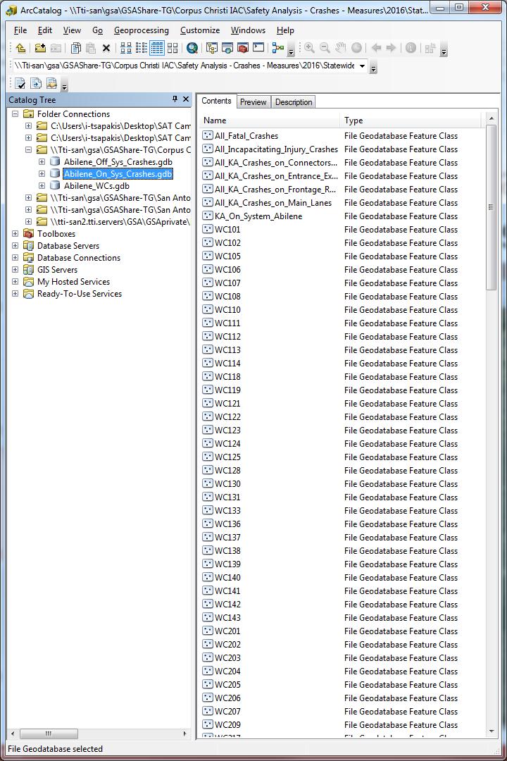 Figure 37. List of Feature Classes Contained in a File Geodatabase. Shapefiles TTI developed shapefiles to provide districts with an additional option for GIS data processing.
