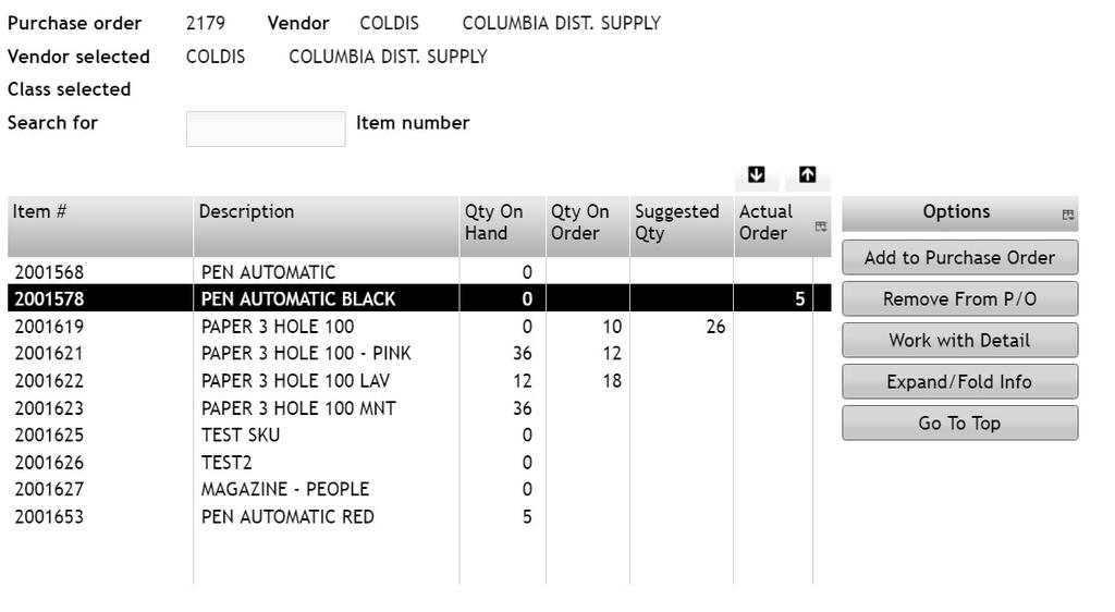 3. Once the Actual Order amount displays in the item list highlight that item. Click Add to Purchase Order.