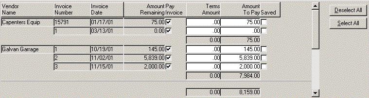 Outstanding Checks tab All Vouchers are selected for payment - adjust