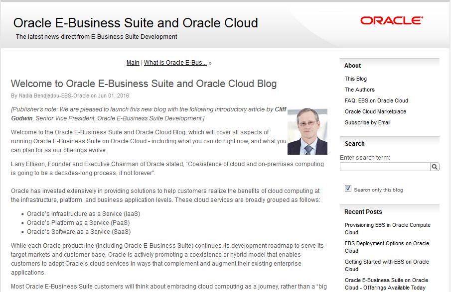 Blog: Oracle E-Business Suite and Oracle Cloud https://blogs.oracle.