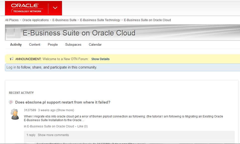 Discussion Forum: Oracle E-Business Suite on Oracle Cloud Oracle Technology Network: E-Business Suite on Oracle Cloud Live