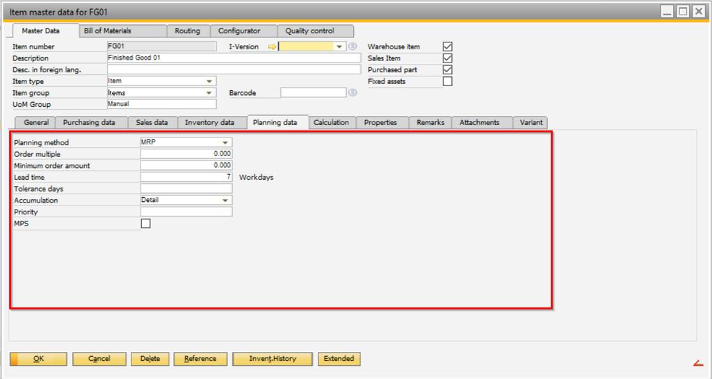 4.8. Planning Data Tab Besides the standard SAP Business One fields, beas adds the following fields to the Items Master Data in the Planning Data tab: Accumulation: Field used to set how the item s