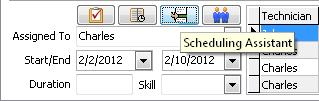 On an existing work order or job, click on the Scheduling Assistant button in the lower left-hand corner of the work order.